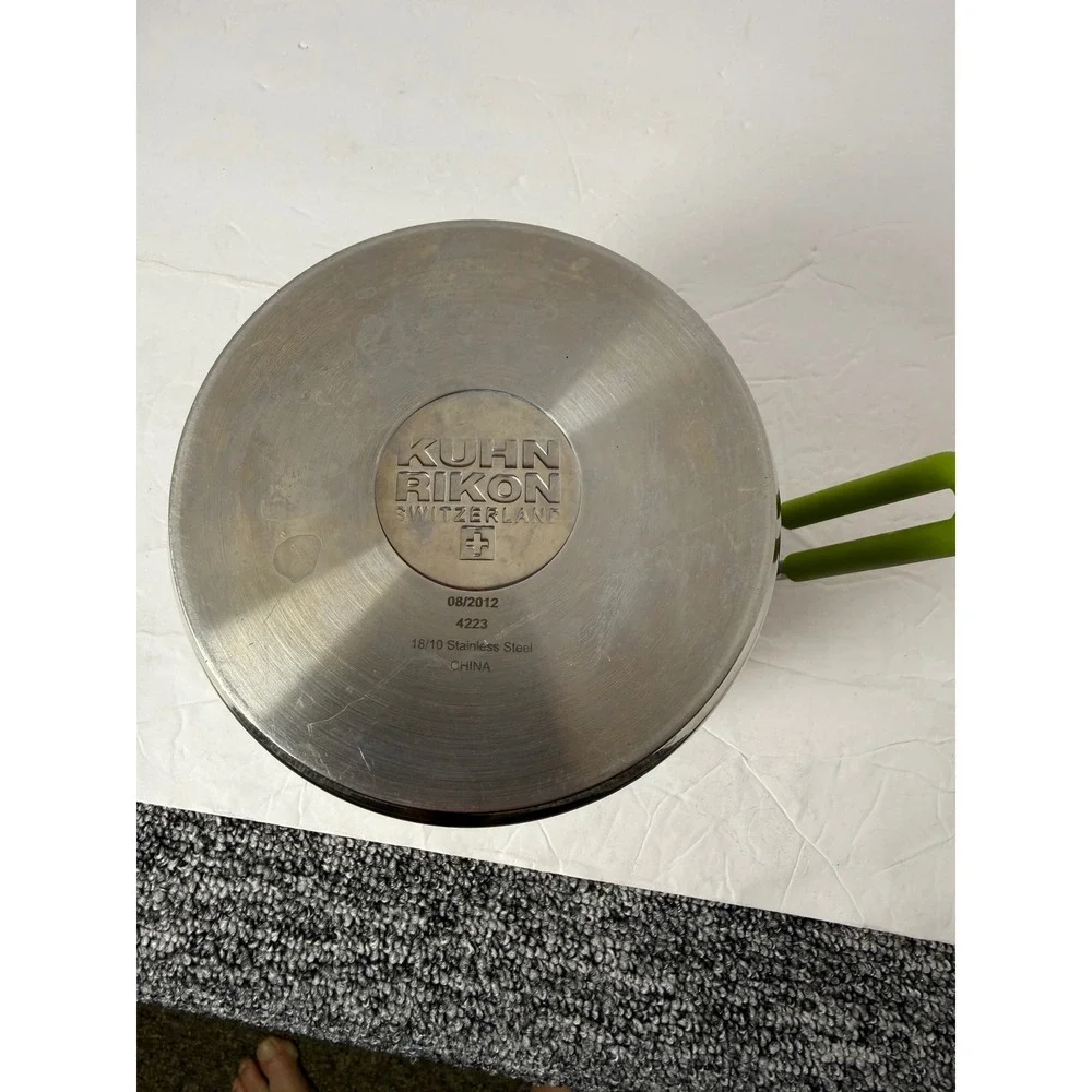 Kuhn Rikon 4223 Stainless Steel Straining Pot with Glass Lid Green Handles